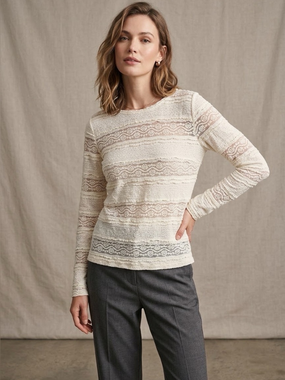 Sheer Lace Stripe Long-Sleeve Top in Cream